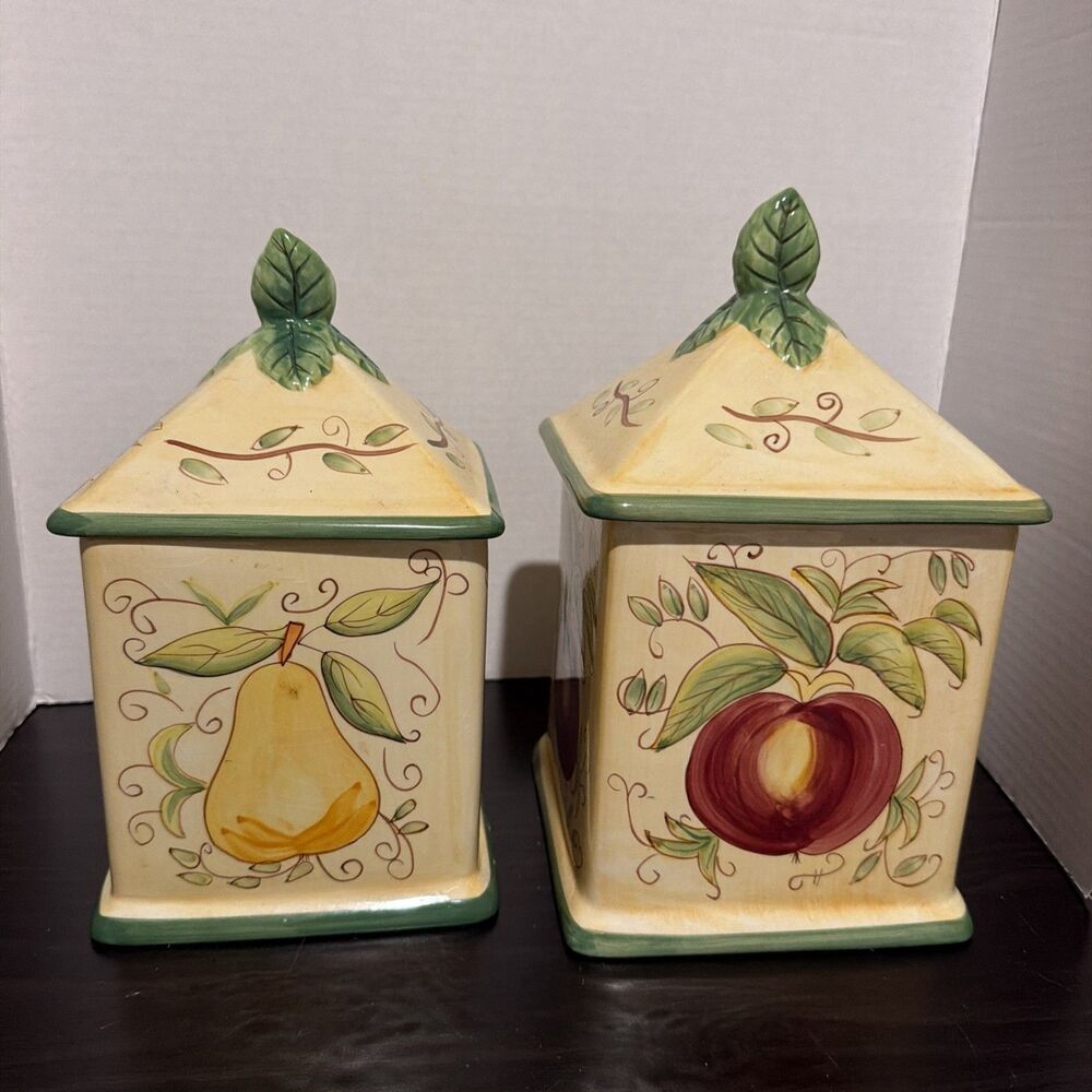 Certified International Set of 2 Ceramic Canisters Pear Apple Kitchen w/Lids